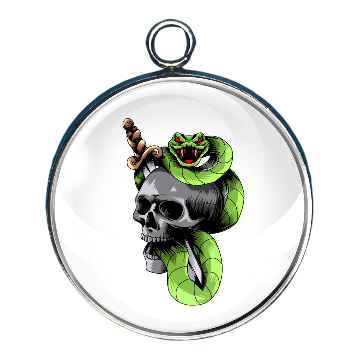 Charm of a grey skull with a green snake and a sword sticking throught the skull