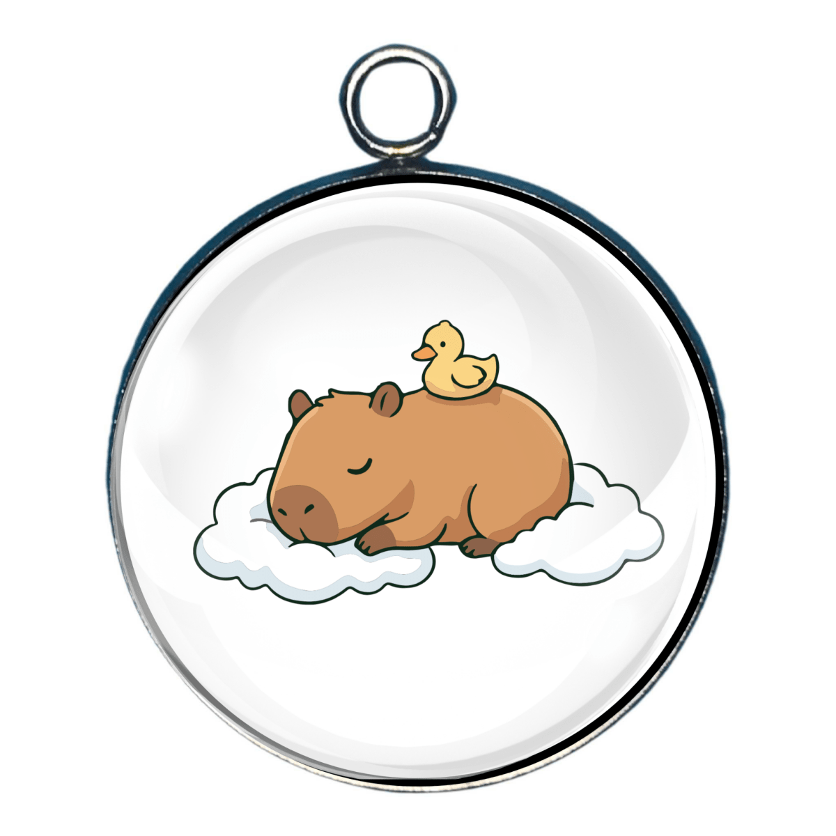 Cute glass cabochon charm featuring a sleepy brown capybara resting on a fluffy white cloud with a tiny yellow duckling perched on its back.