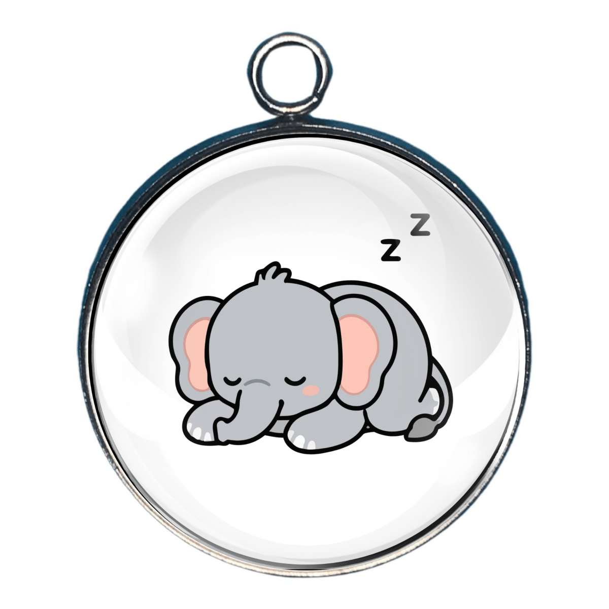 Cute glass cabochon charm featuring a gray baby elephant sleeping with its trunk tucked close and Zzz's above.