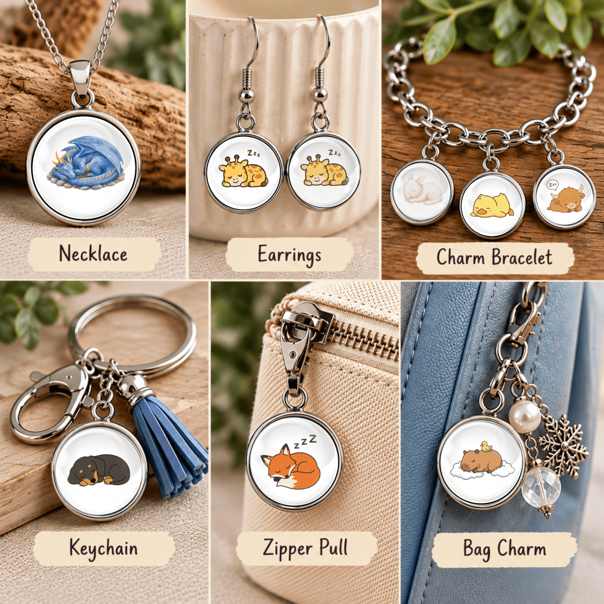 Glass cabochon charm project ideas showing a necklace pendant, earrings, charm bracelet, keychain, zipper pull, and bag charm with silver-tone settings.