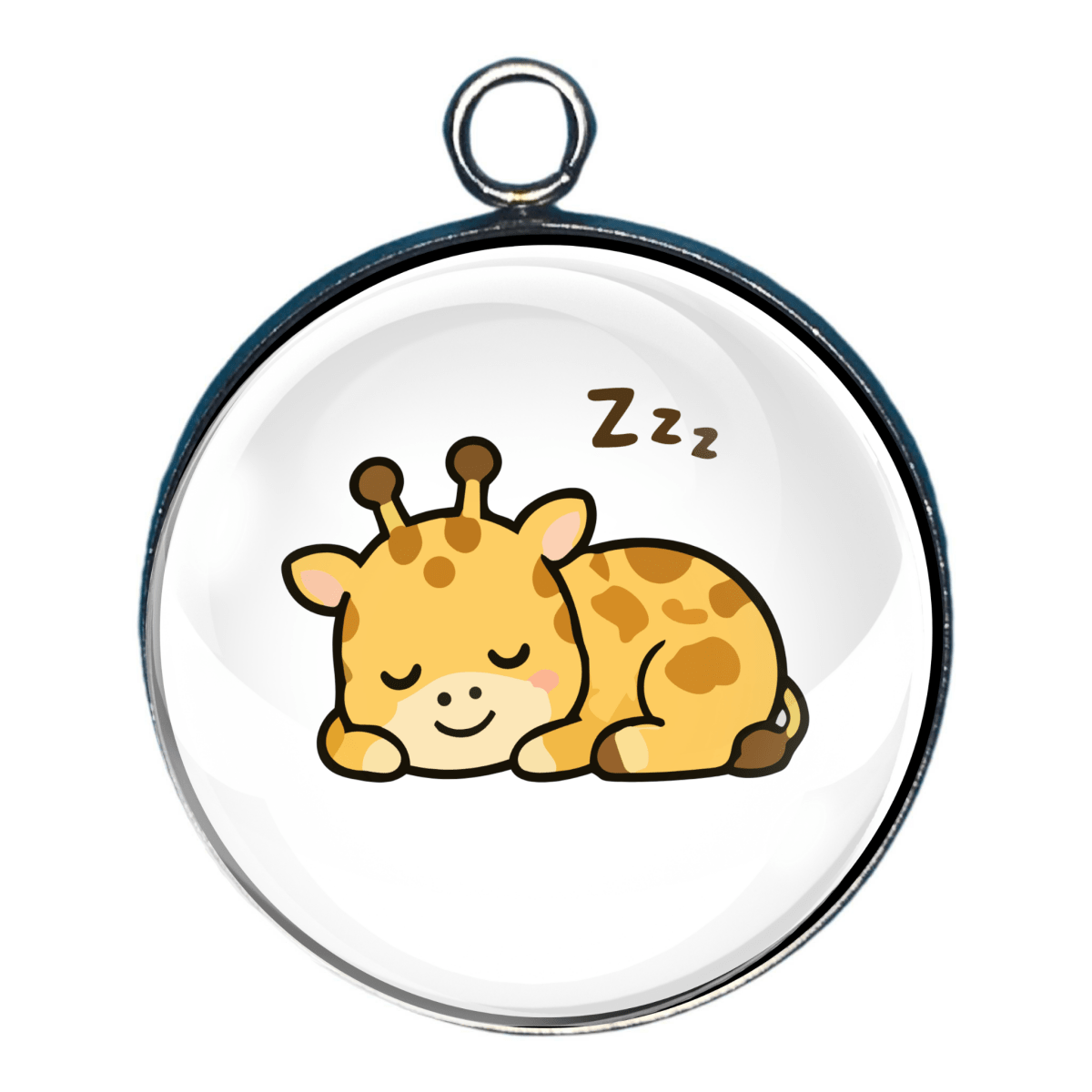 Cute glass cabochon charm featuring a spotted yellow giraffe sleeping with Zzz's above its head.
