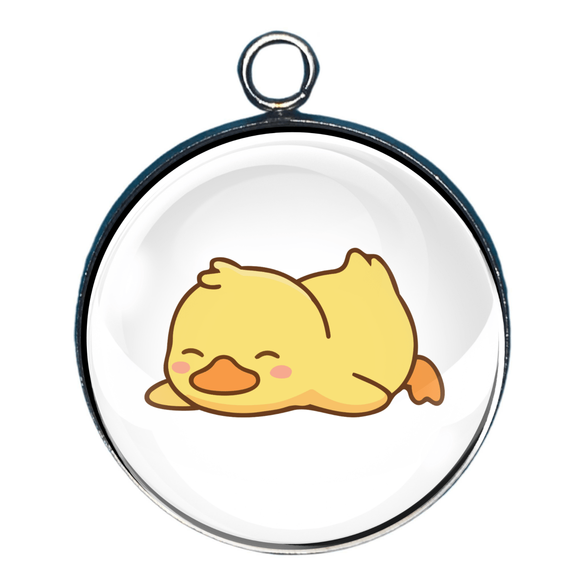 Cute glass cabochon charm featuring a yellow duckling flat on his belly, asleep.