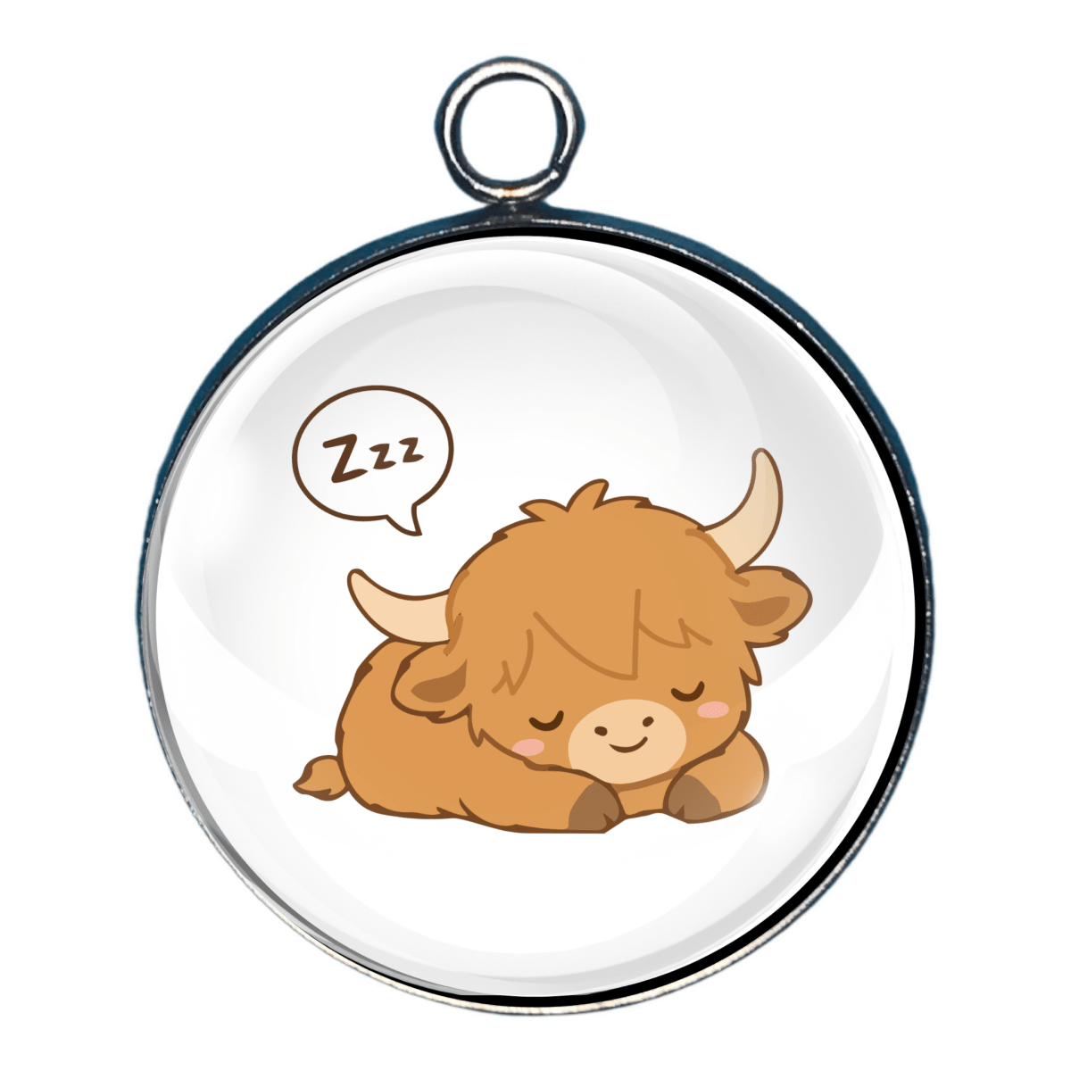 Cute glass cabochon charm featuring a shaggy golden-brown Highland cow sleeping with a Zzz speech bubble.