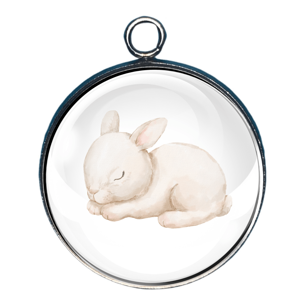 Cute glass cabochon charm featuring a white rabbit resting peacefully with its ears folded back.