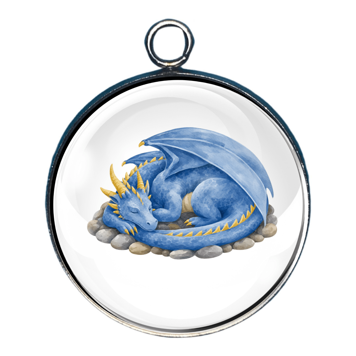 Cute glass cabochon charm featuring a curled-up blue dragon with golden details resting on stones.