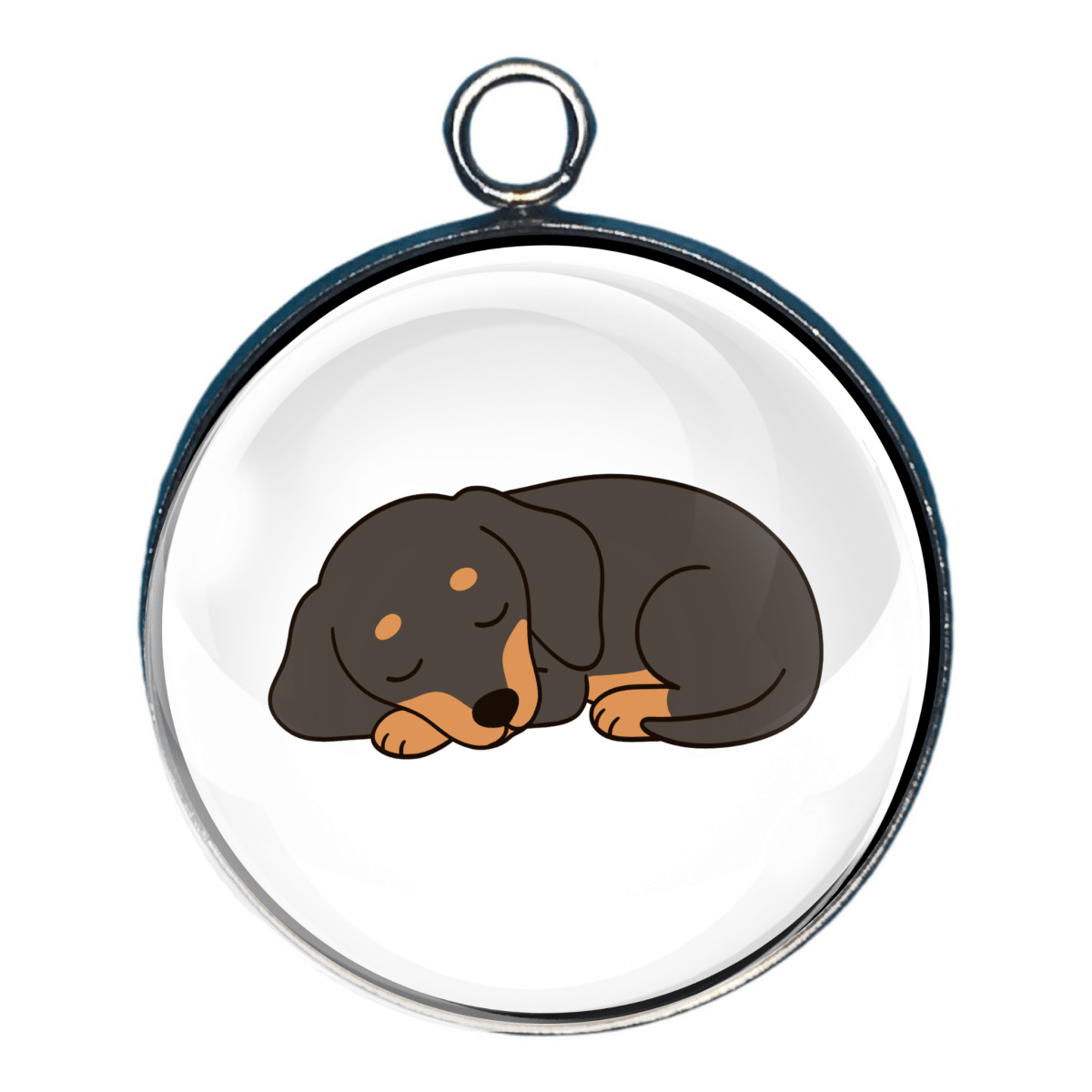 Cute glass cabochon charm featuring a black-and-tan puppy curled up asleep.