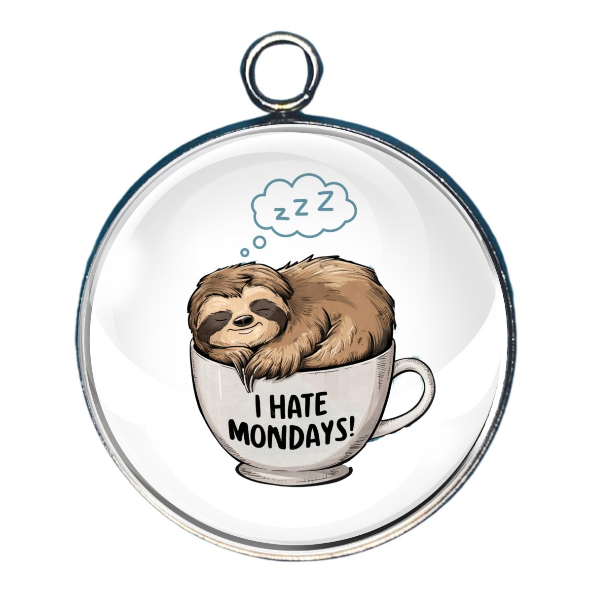 Charm featuring a sloth sleeping in a coffee cup that says I hate Mondays