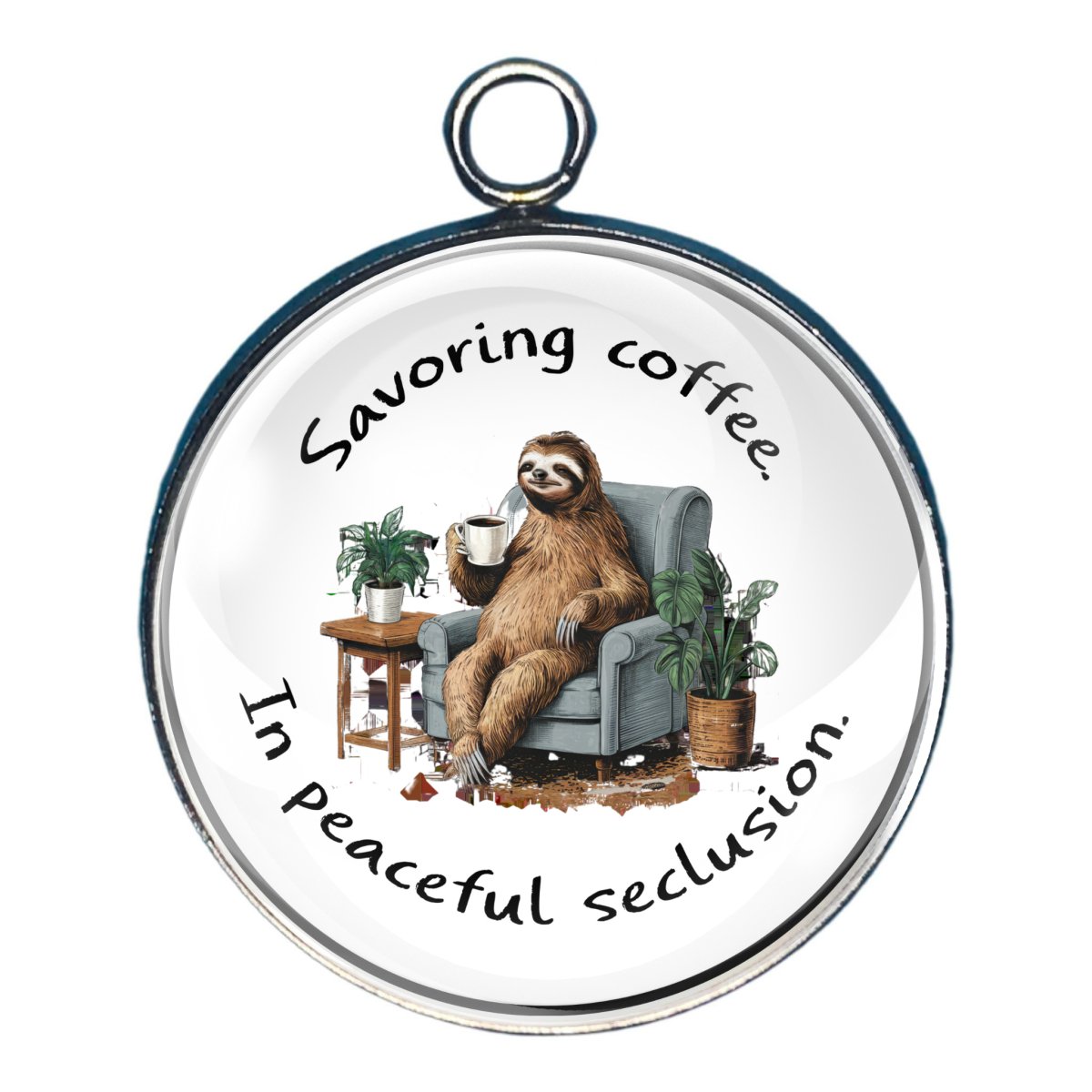 Charm of a sloth sitting in a chair drinking coffee with the words Savoring coffee in peaceful seclusion