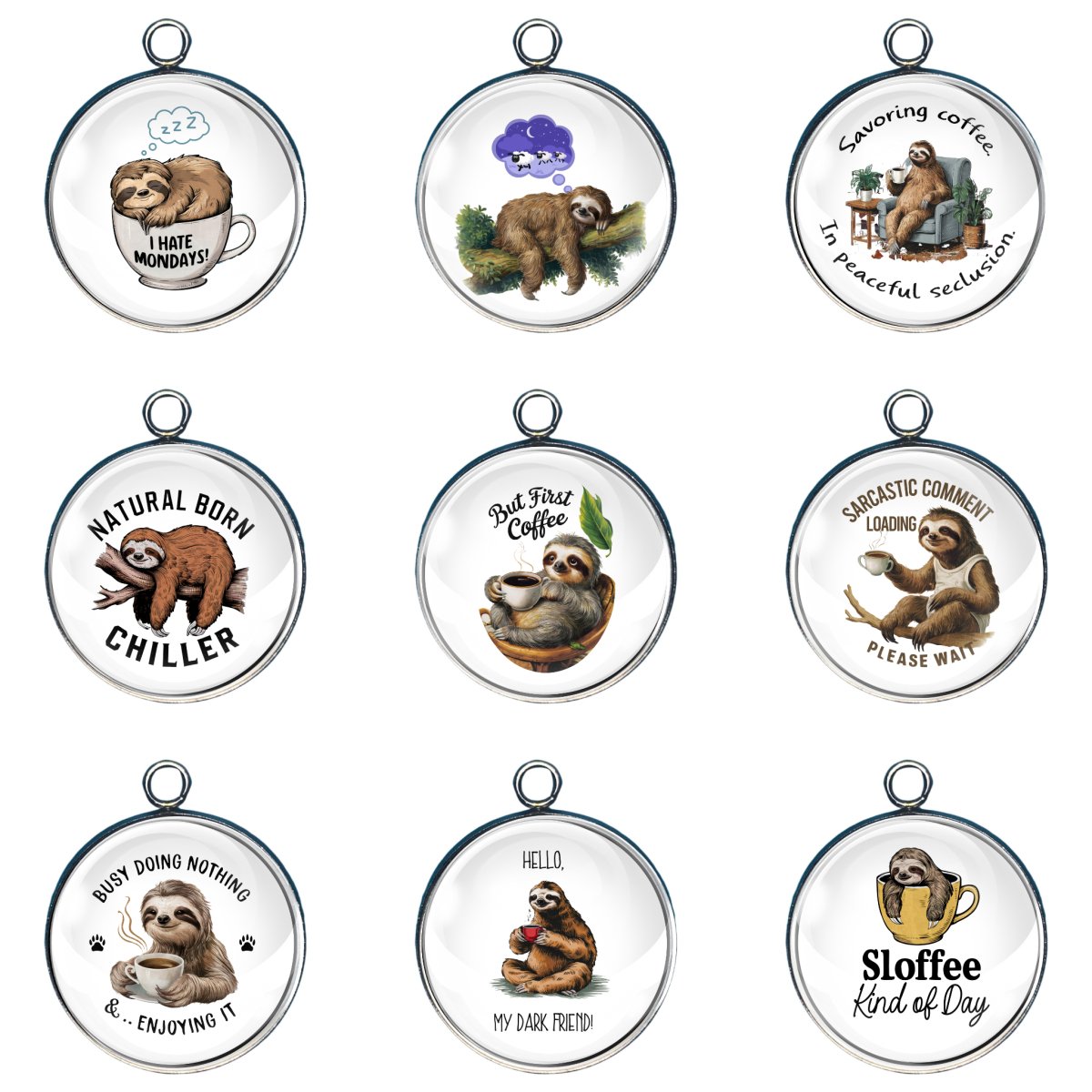 Group of 9 charms featuring sloths enjoying some coffee and  chilling