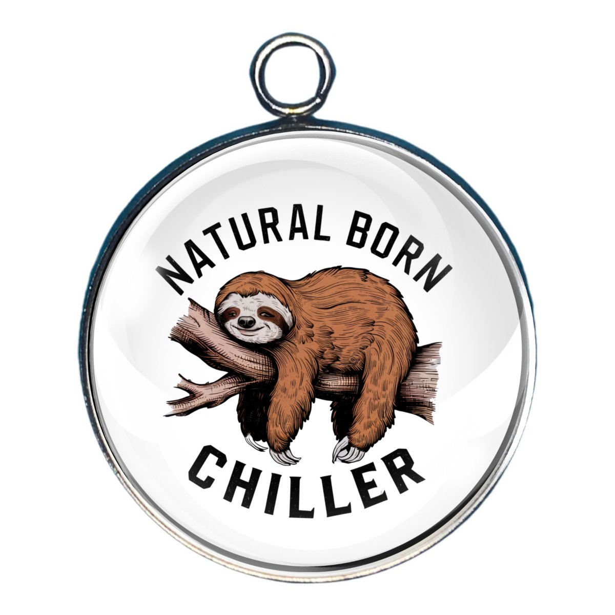 Charm of a sloth chilling in a tree with the words 'natural born chiller'