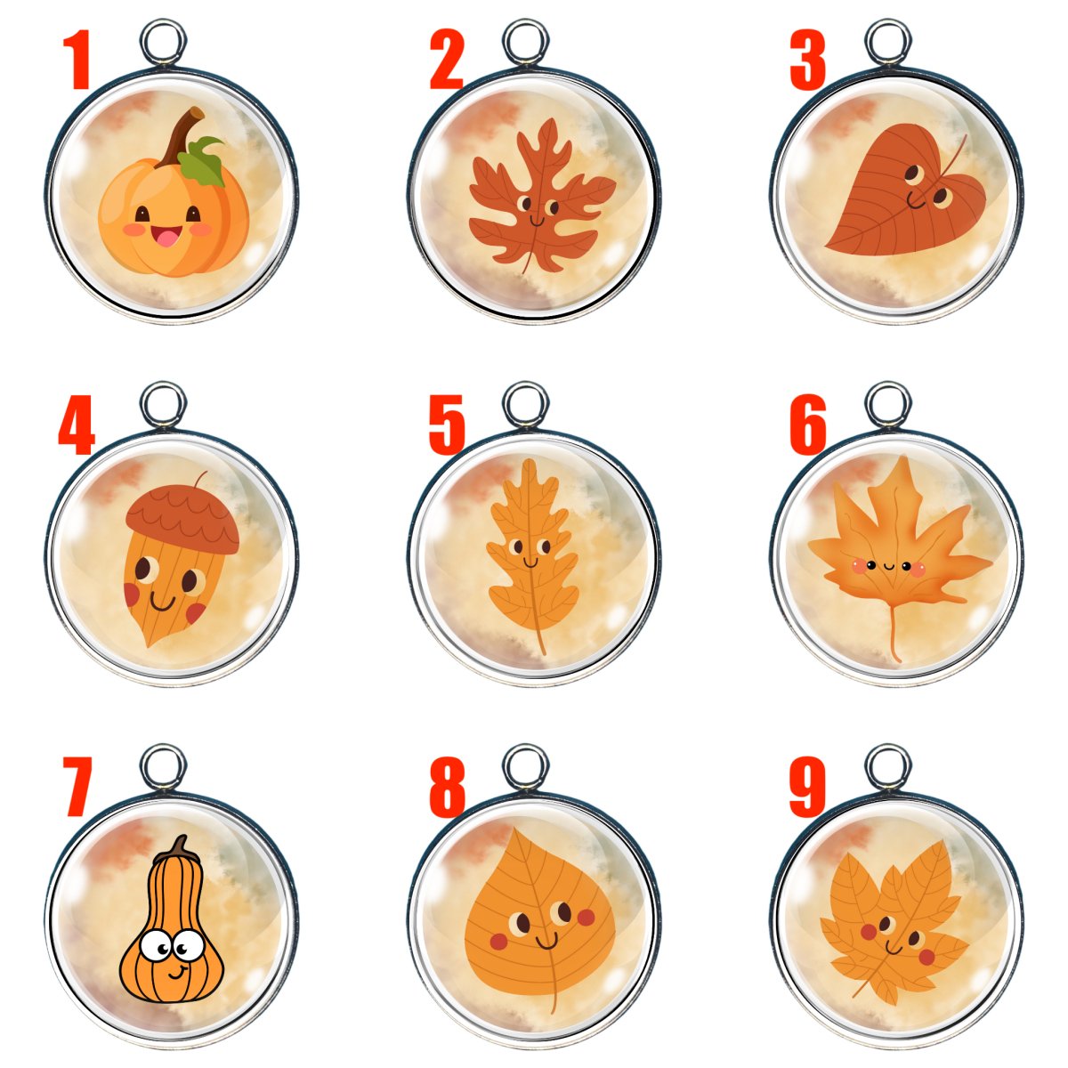 Group of 9 charms with fall leaves, nuts and gourds with smiling faces