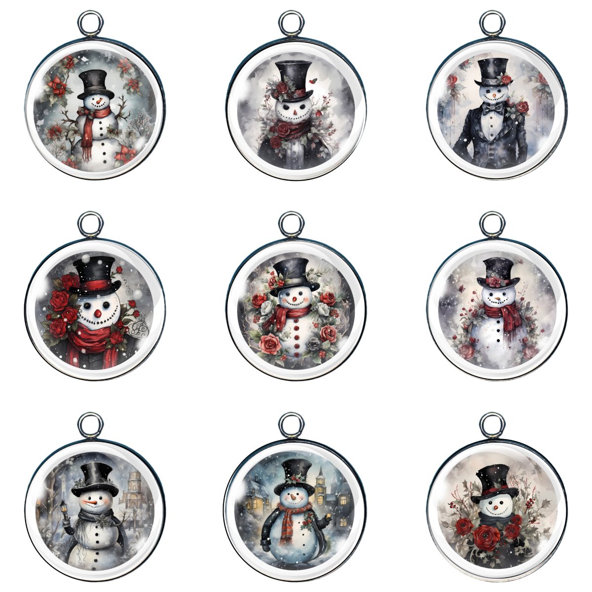 9 snowmen glass cabochon charms