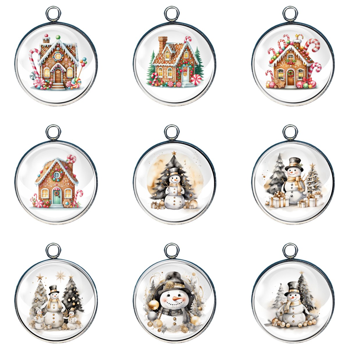 Group of 9 charms featuring gingerbread houses and snowmen
