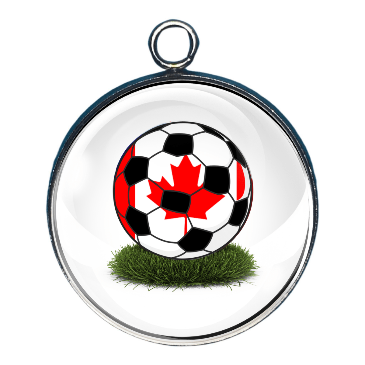 Canadian Soccer Ball Flag Charm in the national flag colors of Red and White with the Maple leaf icon
