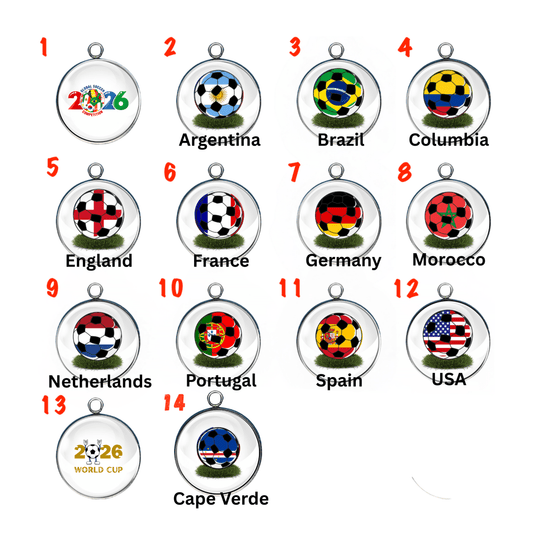 Handmade soccer ball country flag glass cabochon charms featuring Argentina, Brazil, Colombia, England, France, Germany, Morocco, Netherlands, Portugal, Spain, United States and World Cup designs.  Newly added Cape Verde!