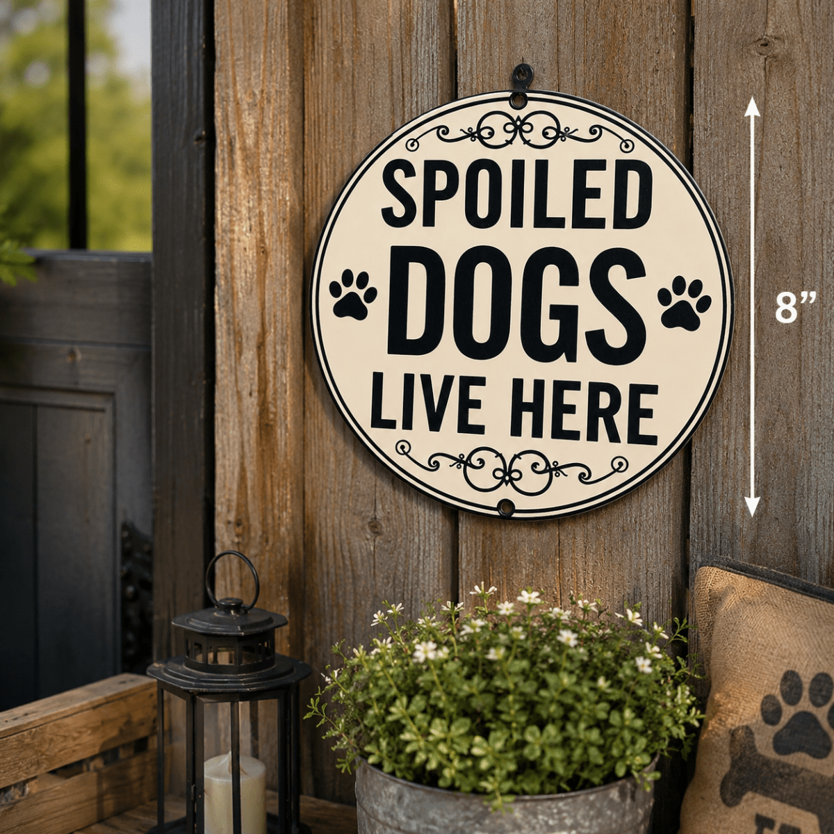 Spoiled Dogs Live Here Metal Sign – 8" Round Rustic Pet Lover Wall Decor