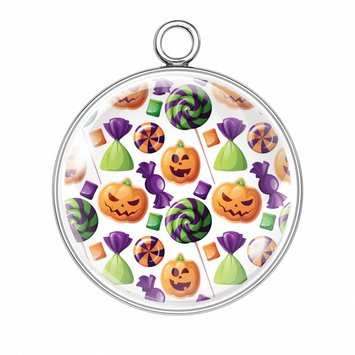Circular pendant with Halloween-themed candy designs on a white background