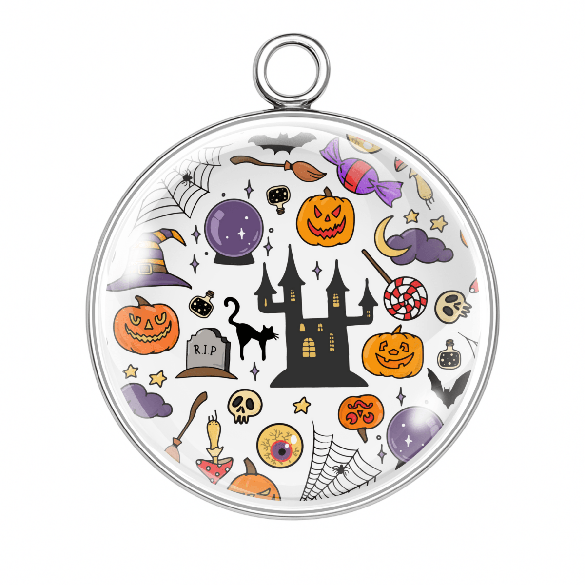 Glass charm with haunted castle, pumpkins, ghosts, bats, and candy on white background