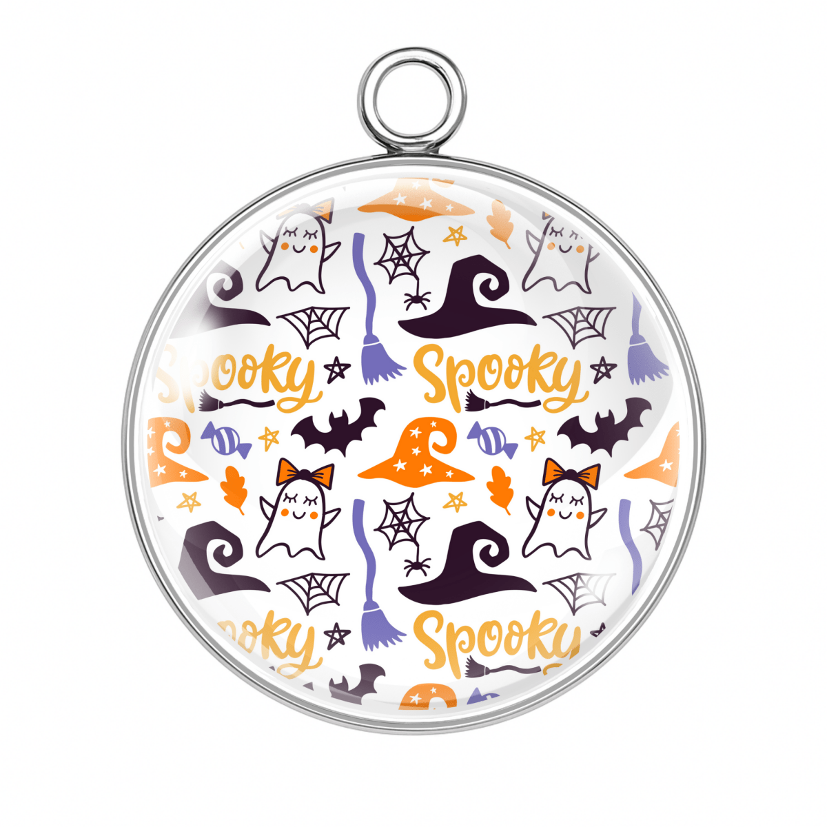 Spooky text charm with ghosts, bats, stars, and Halloween doodles on white background