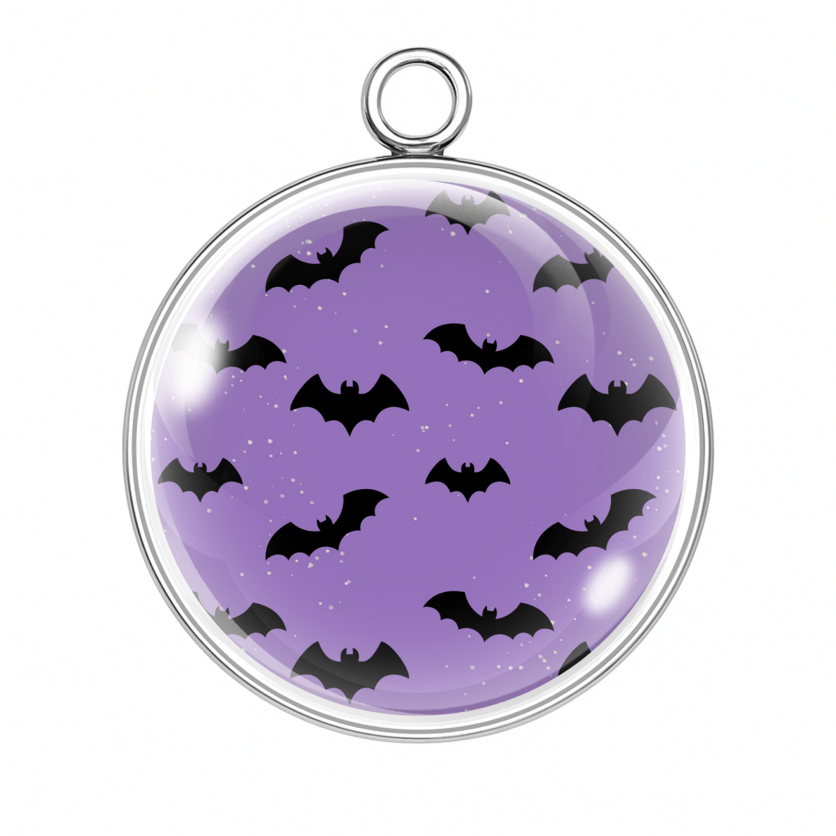 Purple background charm with flying black bats in a night sky pattern