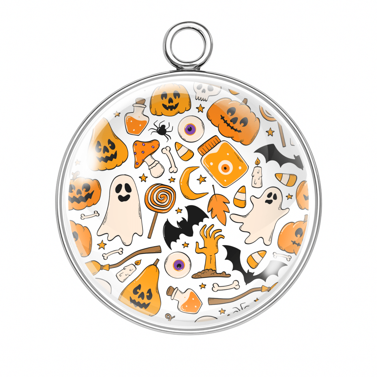 "Halloween print charm with white background featuring ghosts, candy, jack-o'-lanterns, and bones