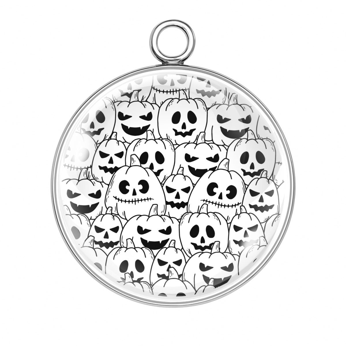 Black and white charm with hand-drawn spooky pumpkin faces in sketchy outline style