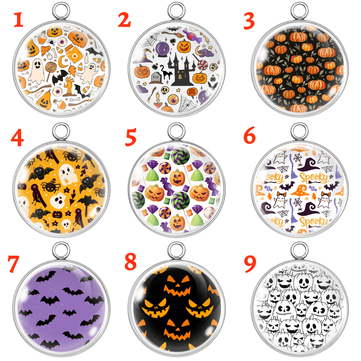 Set of 9 spooky Halloween print glass cabochon charms featuring pumpkins, ghosts, bats, candy, haunted castles, and creepy faces in festive patterns.
