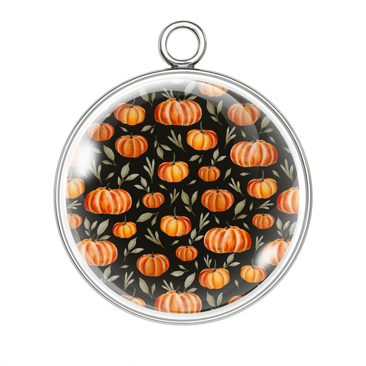 Patterned pumpkin charm with repeating orange pumpkins on black background