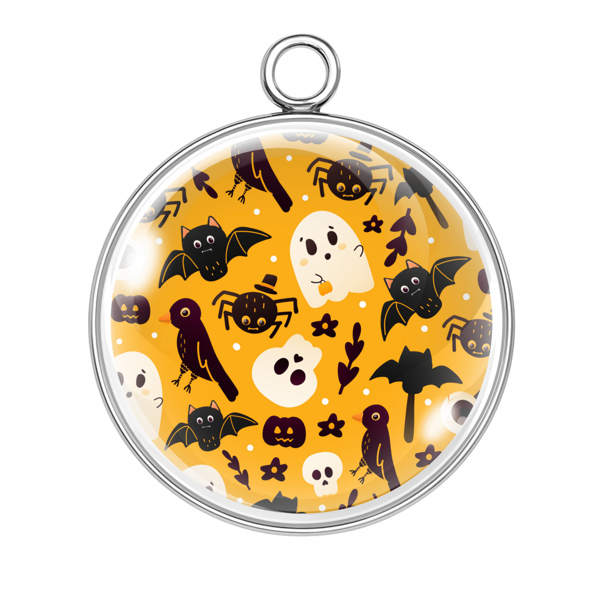 Halloween character charm with yellow-orange background and ghosts, bats, and skulls
