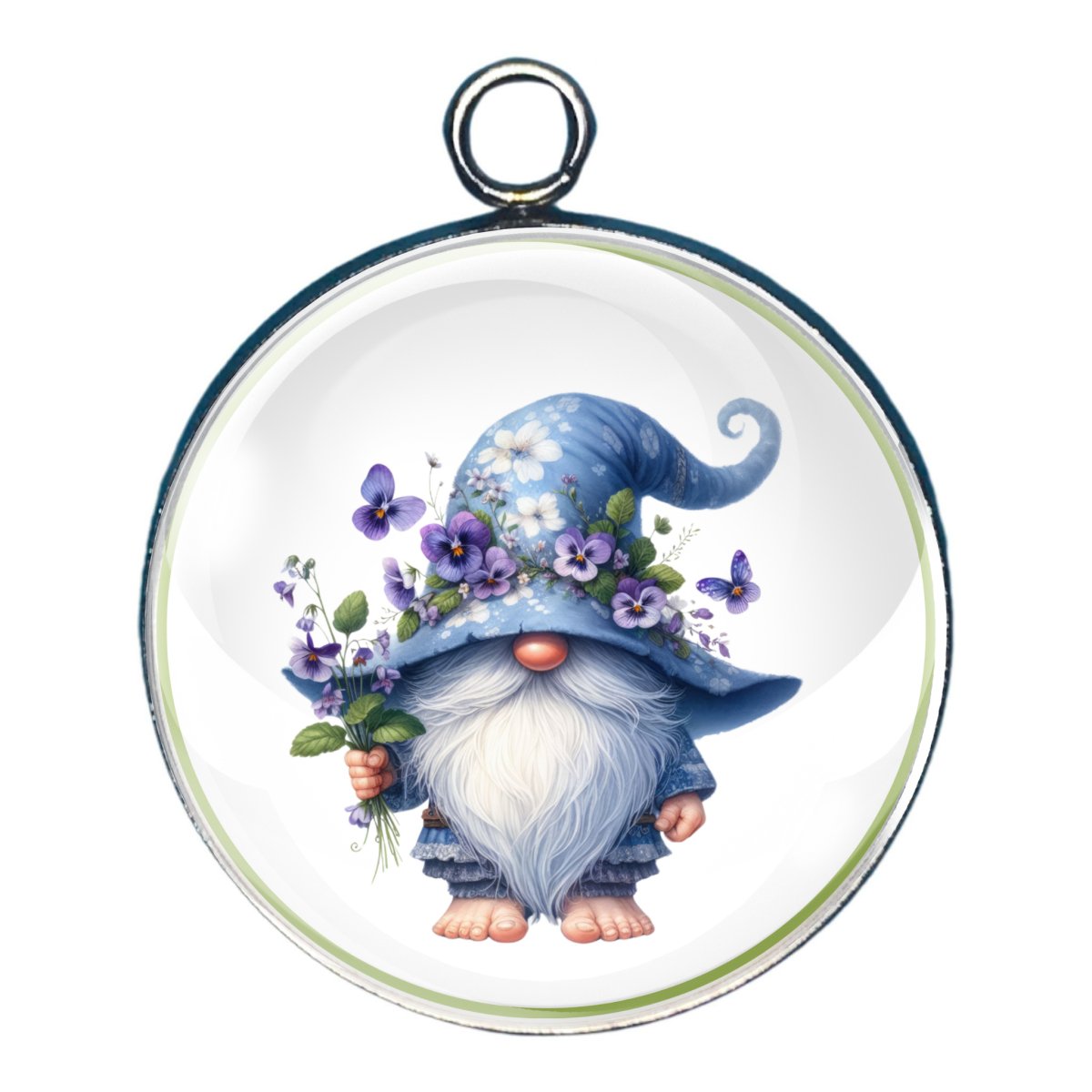 charm depicting a gnome with a blue hat adorned with purple flowers