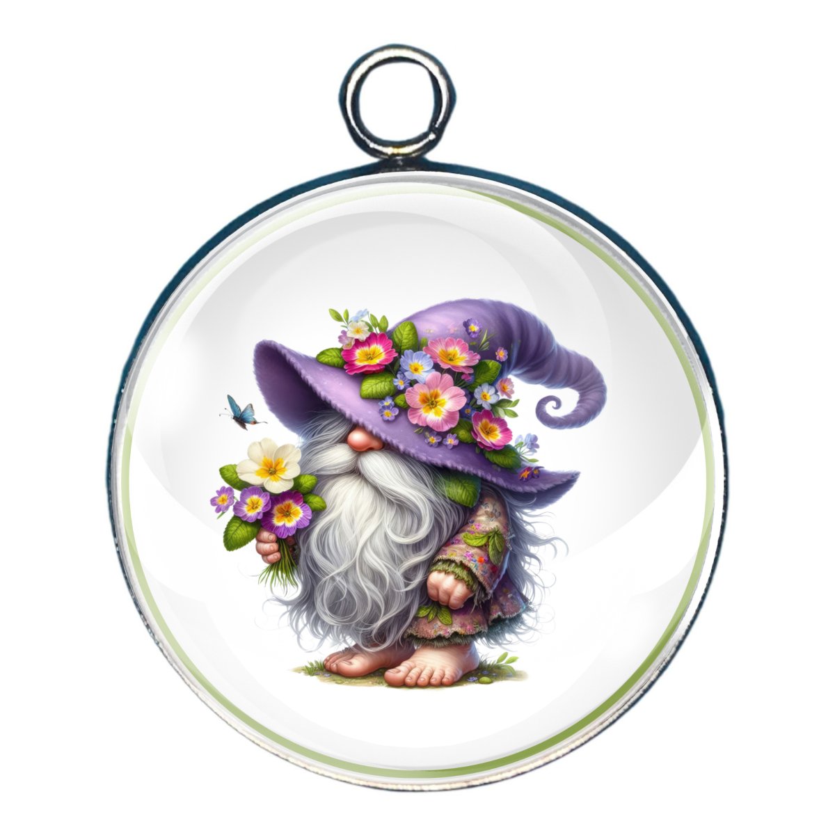 charm depicting a gnome with purple hat adorned with colorful flowers