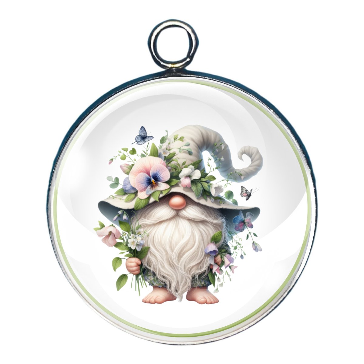 charm depicting a gnome with a white hat adorned with flowers and leaves