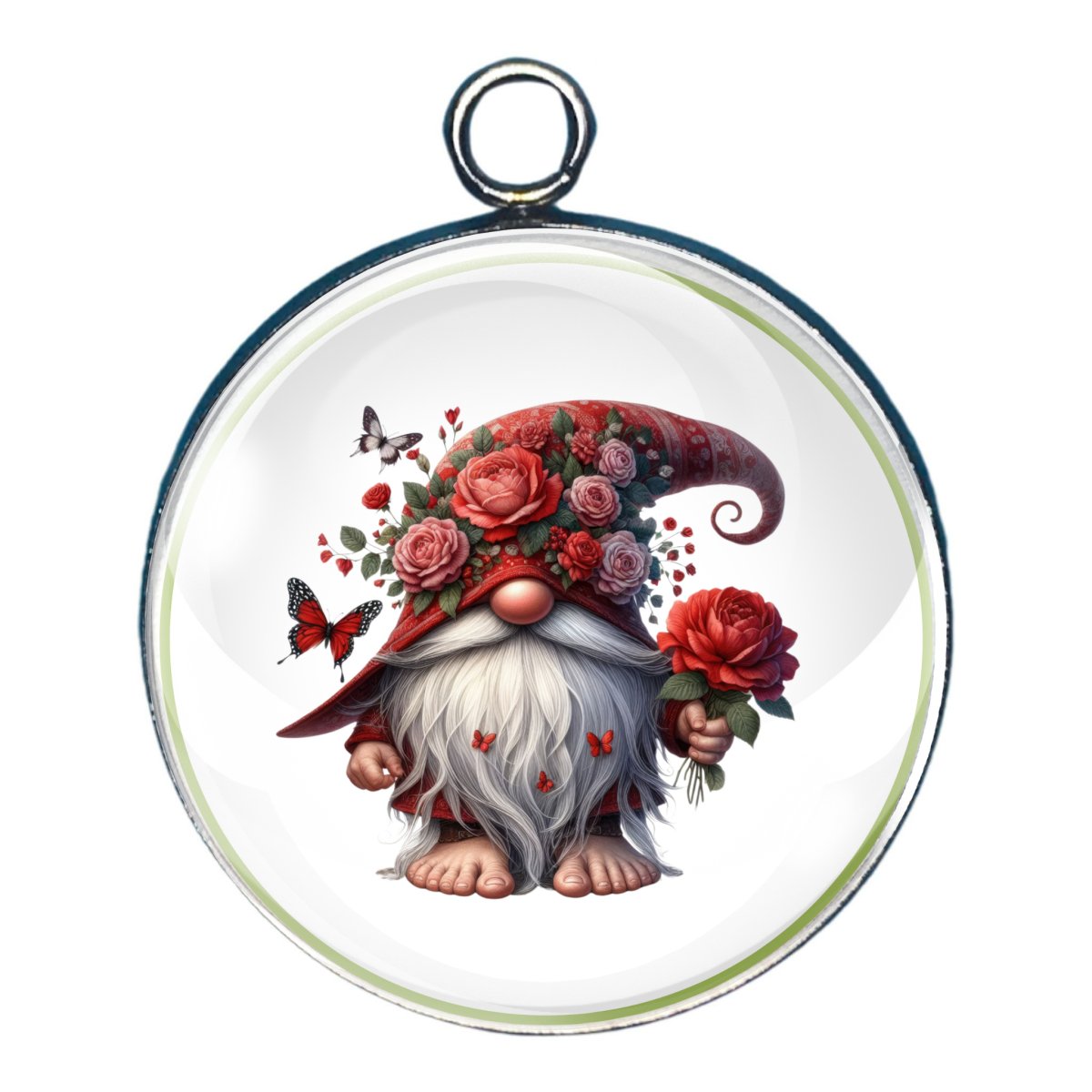 charm depicting a gnome with red flowers and butterflies