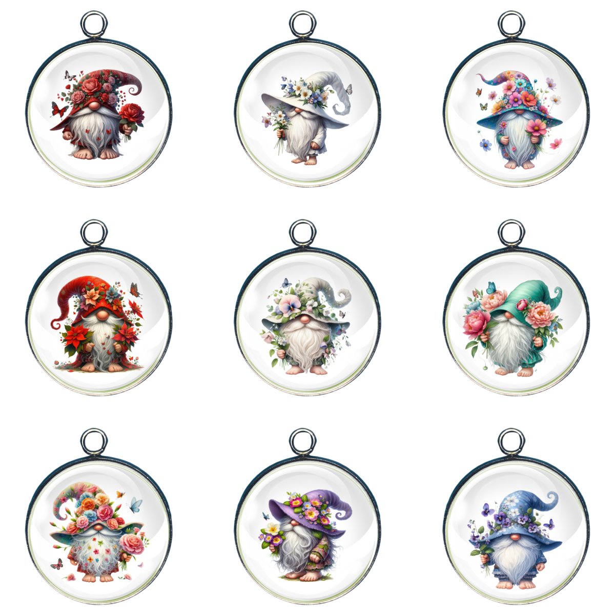 Group of 9 charms depicting gnomes adorned with flowers and big feet