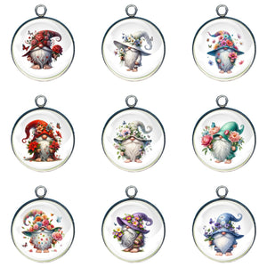 Group of 9 charms depicting gnomes adorned with flowers and big feet