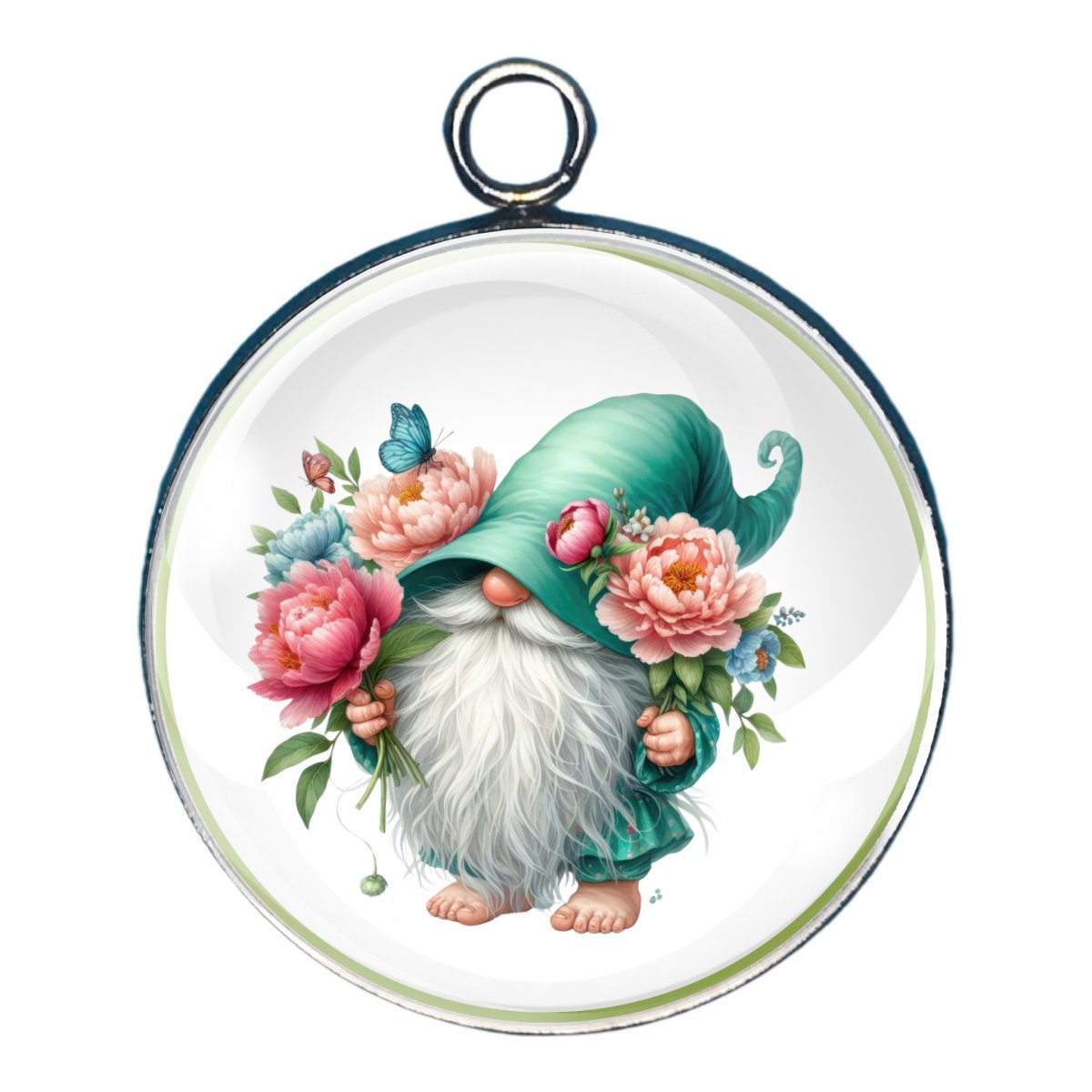 charm depicting a gnome in a teal hat holding flowers