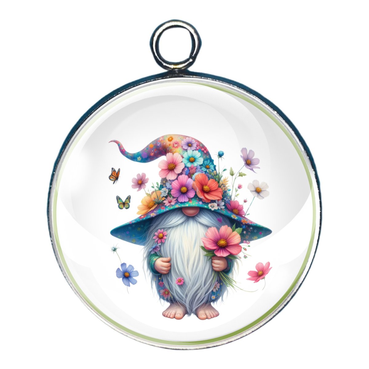 charm depicting a gnome with a multicolor hat with flowers on it