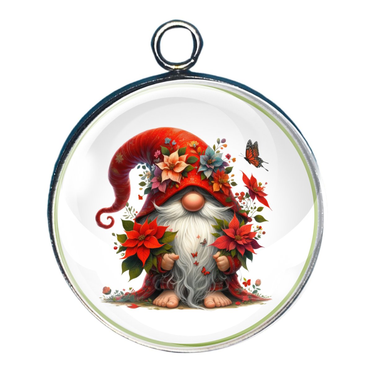 charm depicting a gnome with a red hat and pointsettas