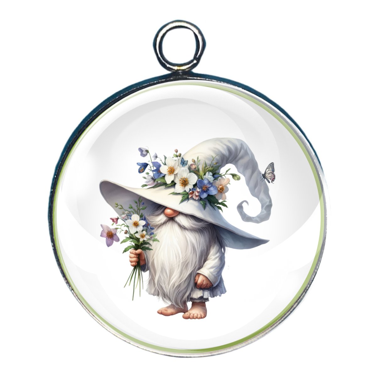 charm depicting a gnome dressed in a white hat and flowers