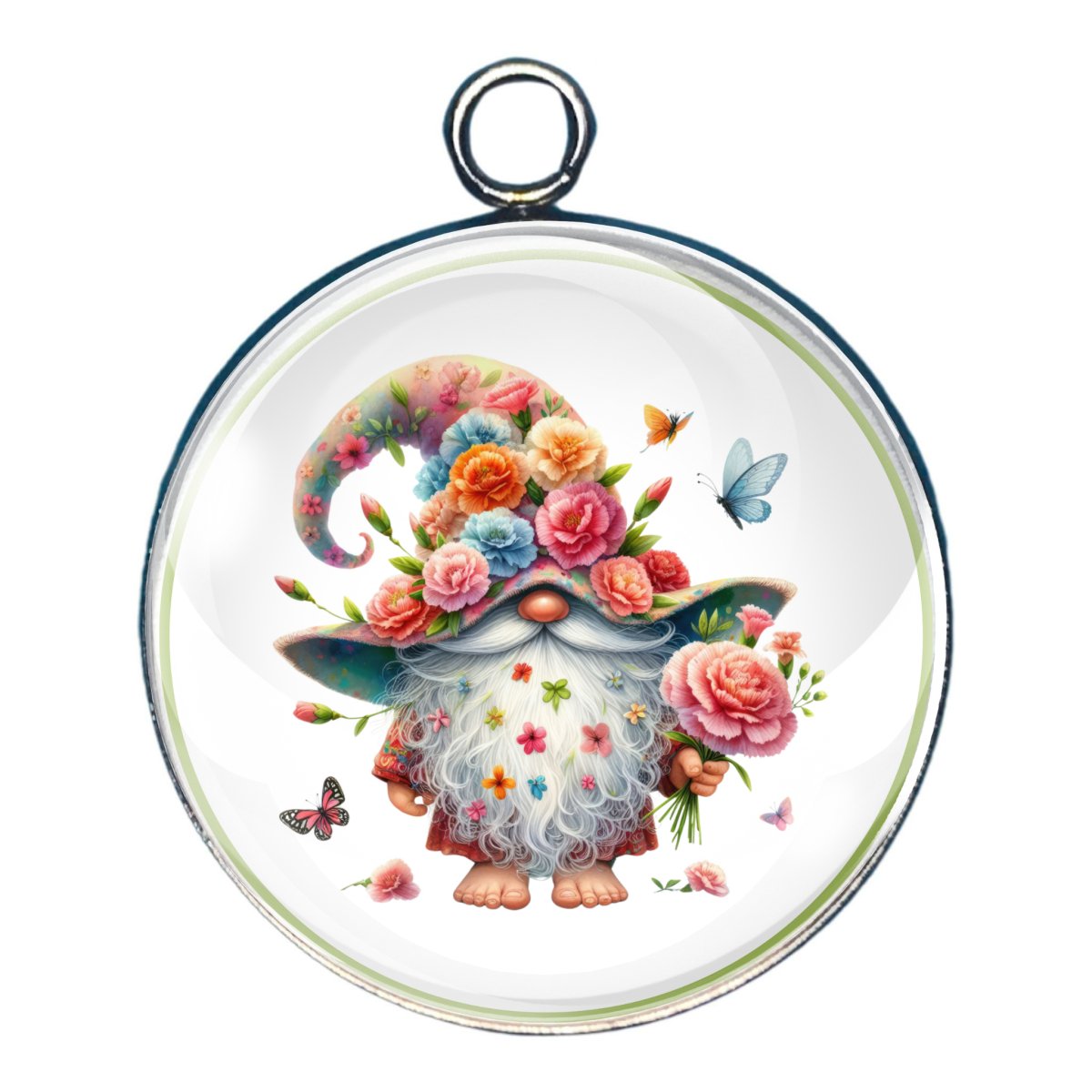 charm depicting a gnome with a colorful hat adorned with colorful flowers