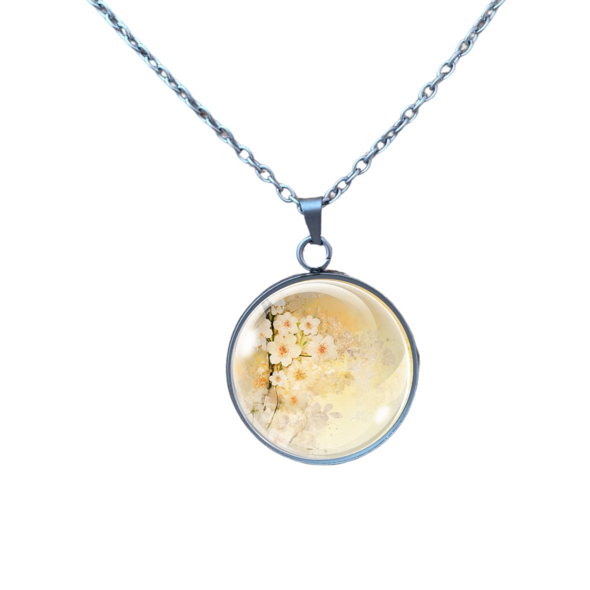 Necklace featuring a charm with Yellow spring flowers