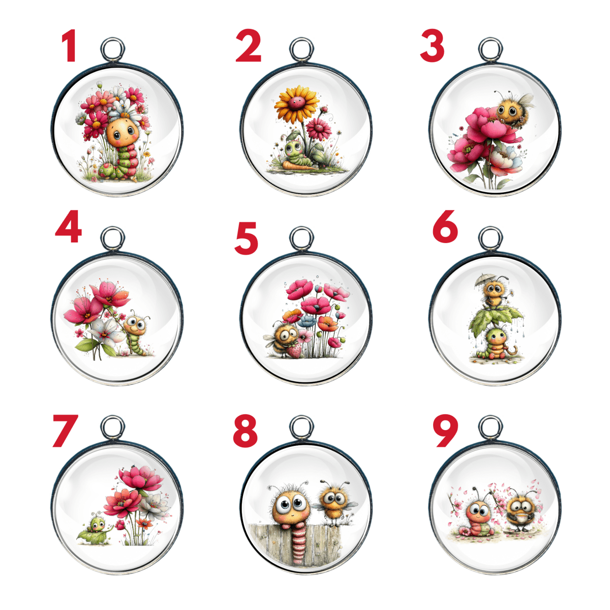 Group of charms with spring flowers, caterpillars, and bees.  