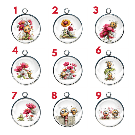 Group of charms with spring flowers, caterpillars, and bees.  