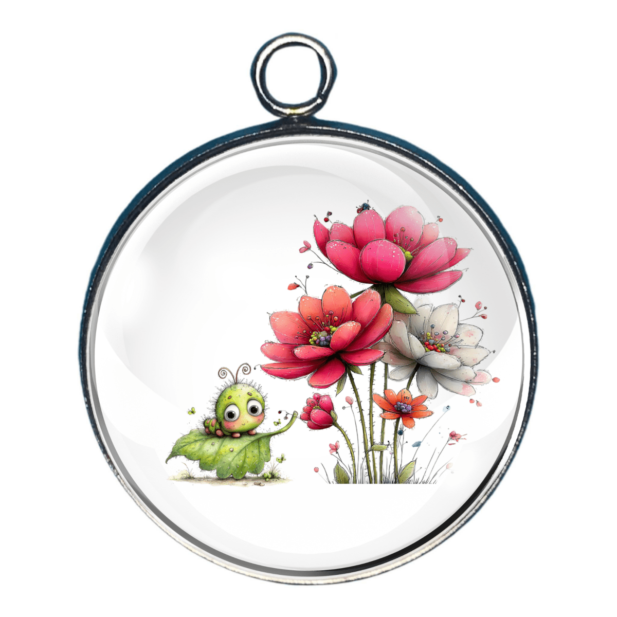 Charm of a caterpillar holding a leaf underneath some spring flowers 