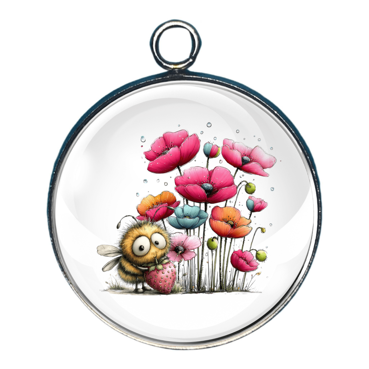 Charm of a bee with a strawberry and colorful flowers