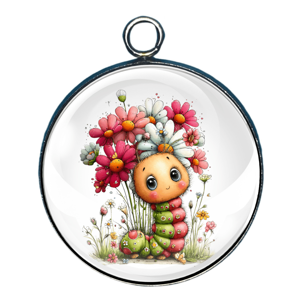Charm of a cartoon caterpillar surrounded by flowers.