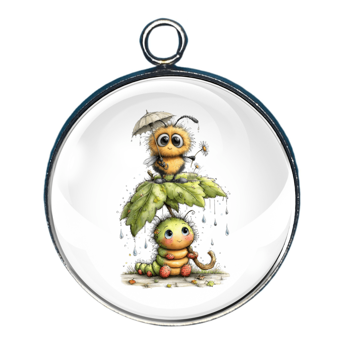 Charm of a cute bee holding an umbrella standing on top of a caterpillar holding his leaf umbrella.