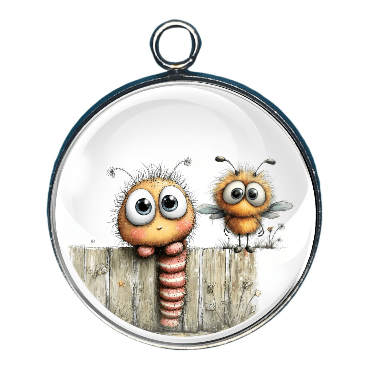 Charm of a cute caterpillar next to a fence with a bee standing atop the fence.  