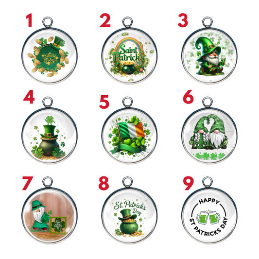 St. Patrick’s Day cabochon charm set featuring leprechauns, shamrocks, pots of gold, Irish flags, and festive Irish designs