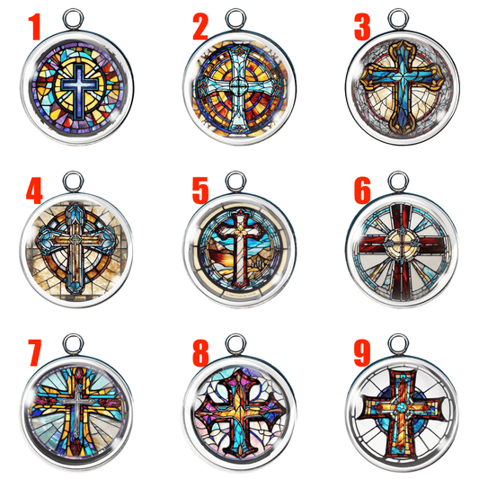 Stained Glass Christian Cross Glass Cabochon Charms – Religious Jewelry Pendants